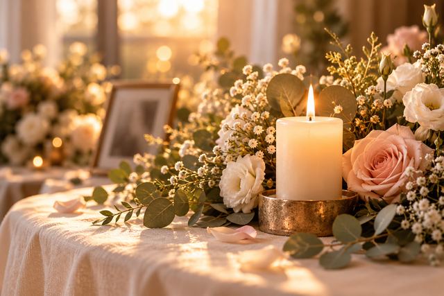 Candle surrounded by flowers and eucalyptus