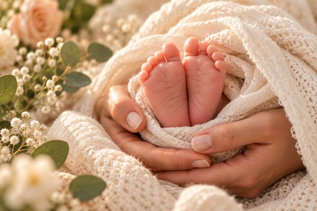 Newborn baby feet cradled in a knitted blanket