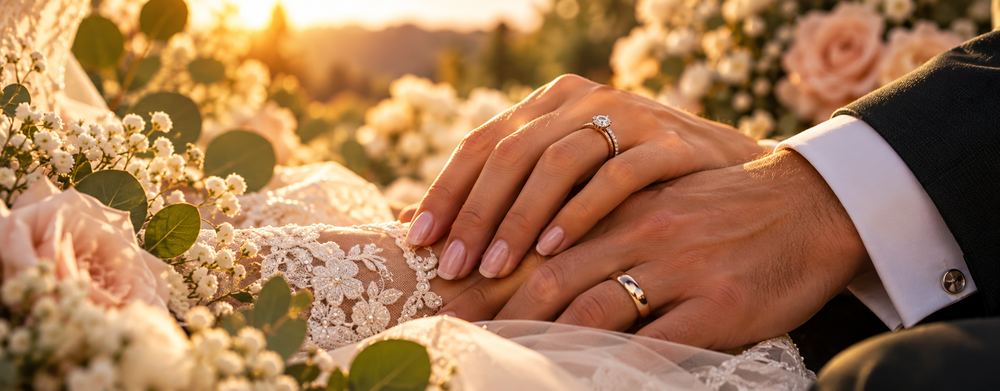 Newlyweds’ hands resting together, rings on