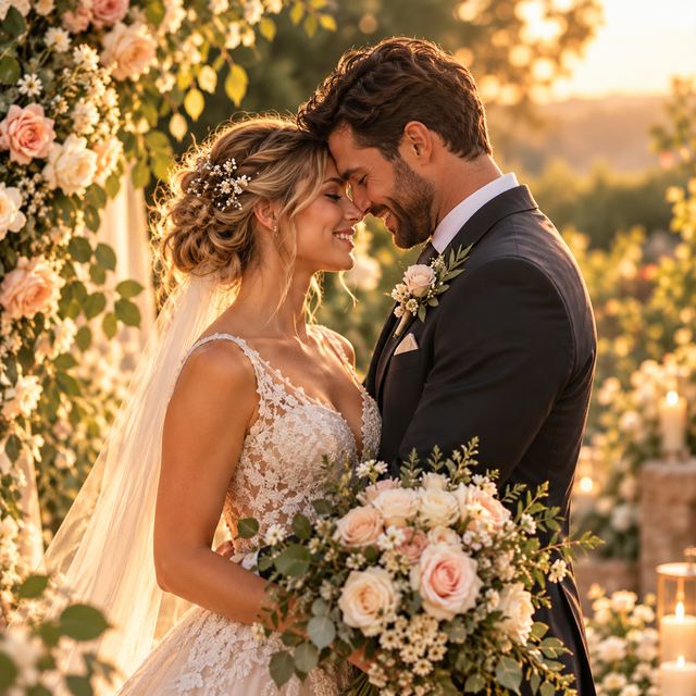 Bride and groom touching foreheads at sunset